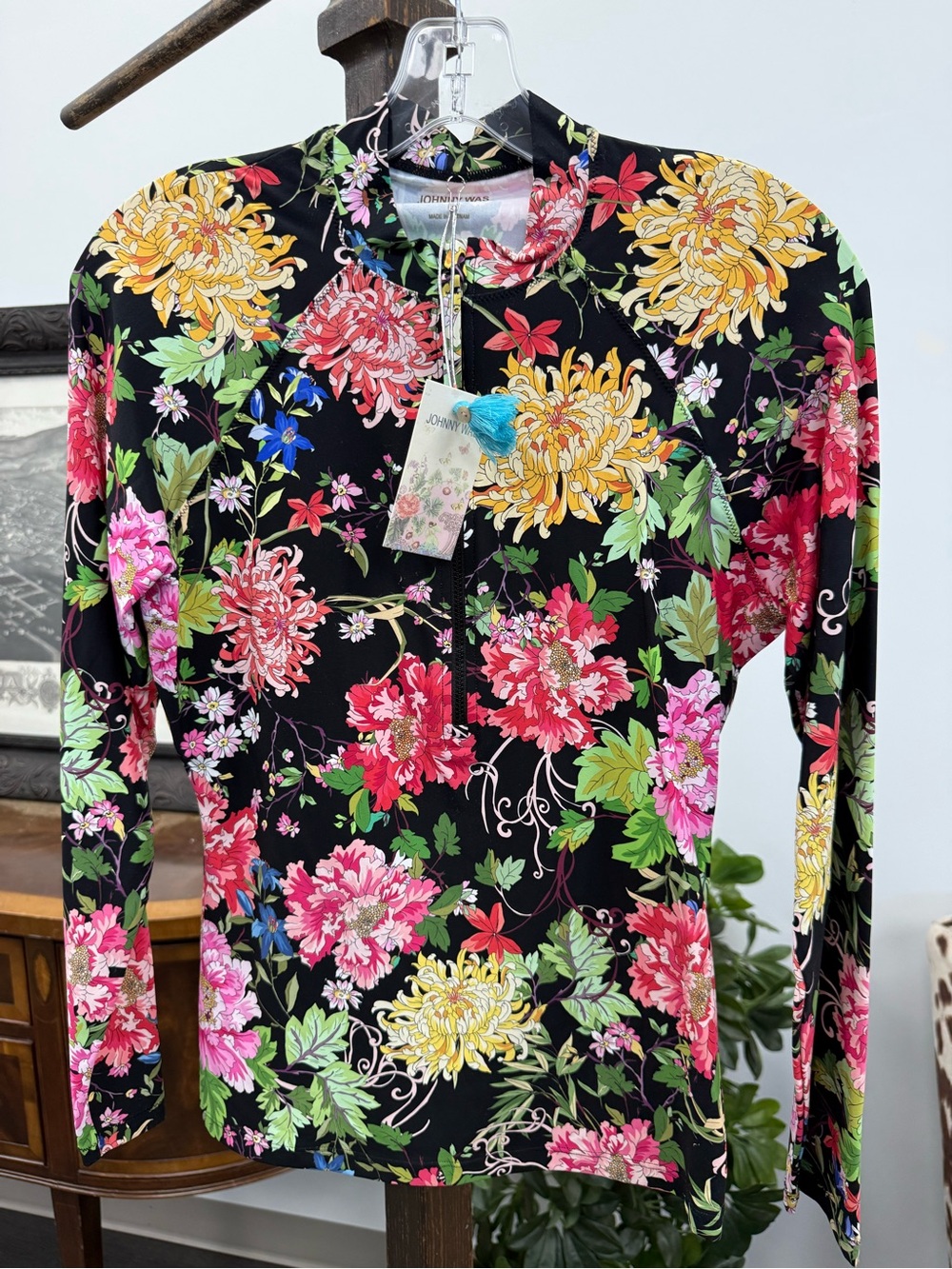 Johnny Was Black Floral Zip-Front Long Sleeve Top with Multicolor Blooms